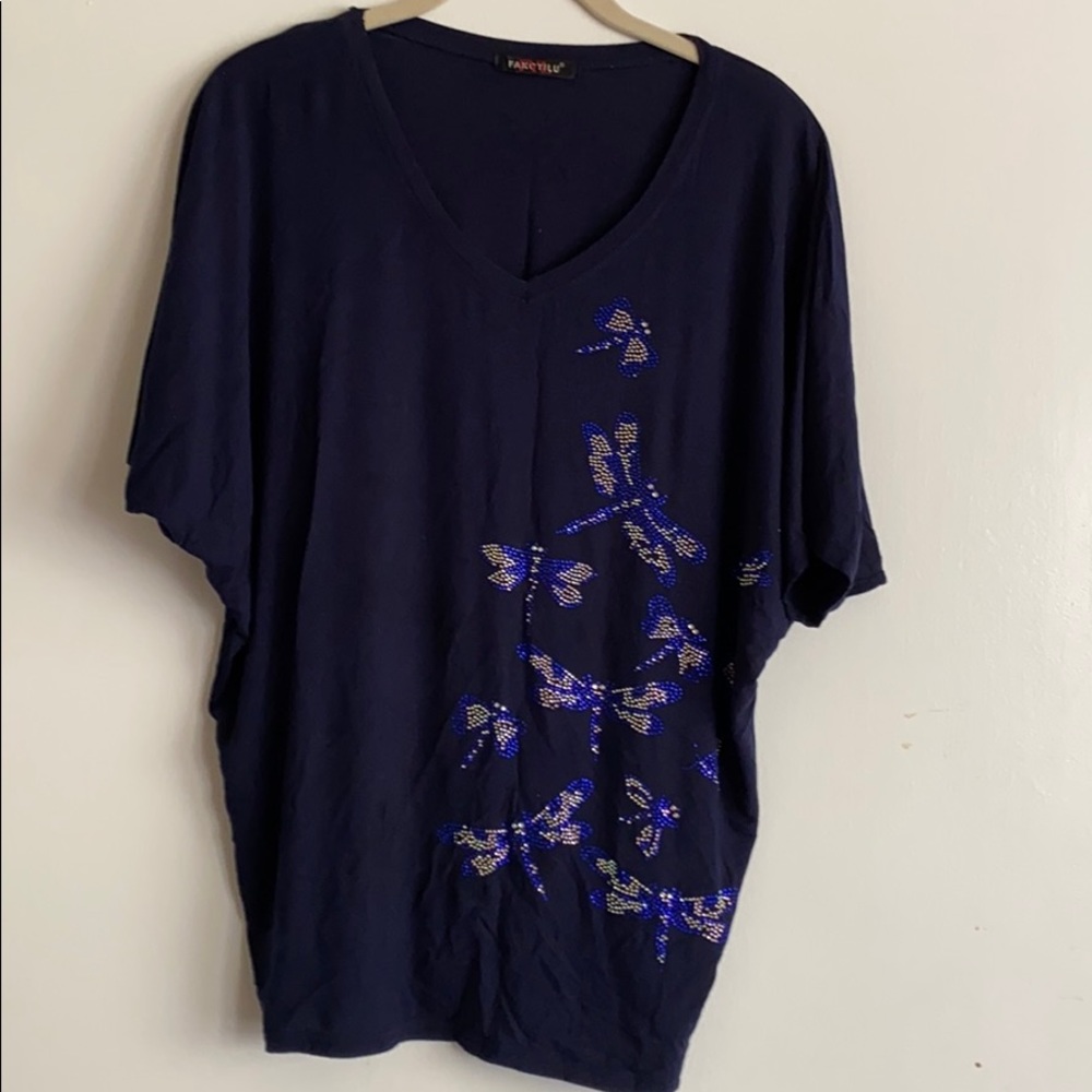 Navy blue top with rhinestone butterflies